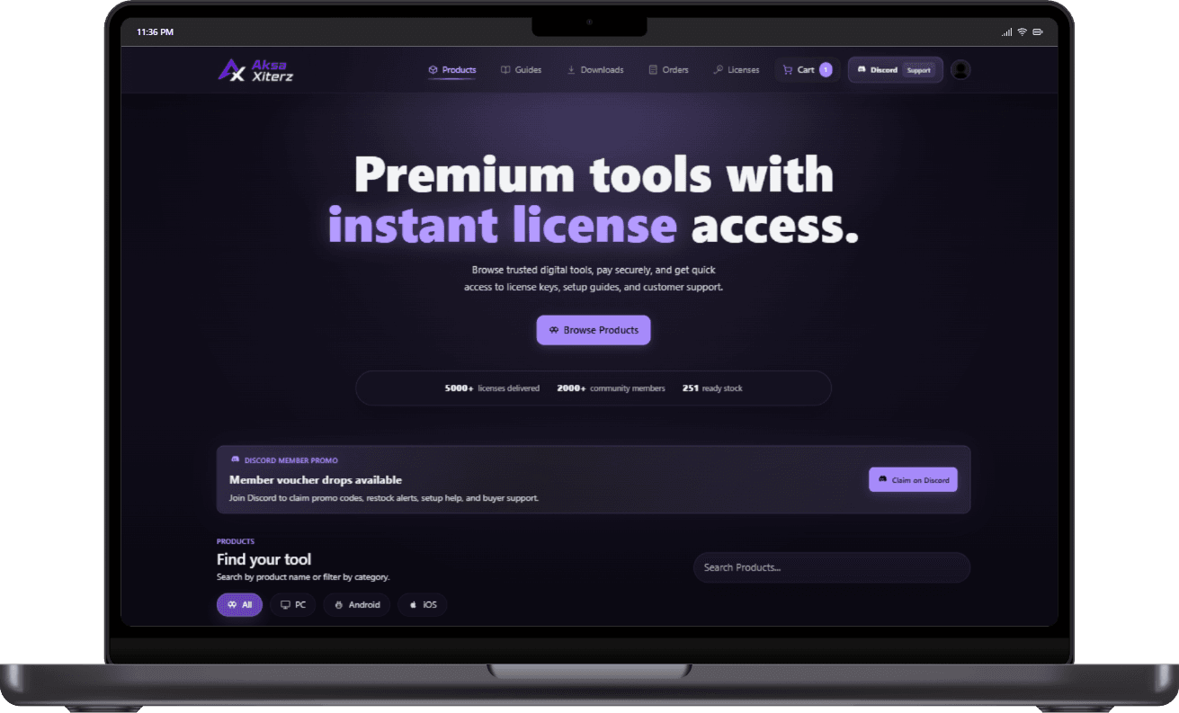 Aksa Xiterz storefront, downloads, and public guides interface flow