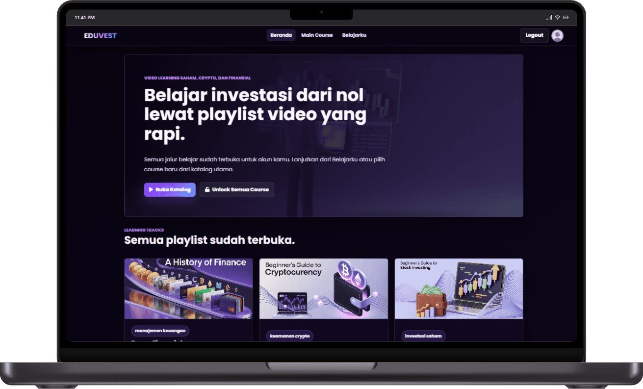 EduVest course list, news, FAQ, and learning journey screens